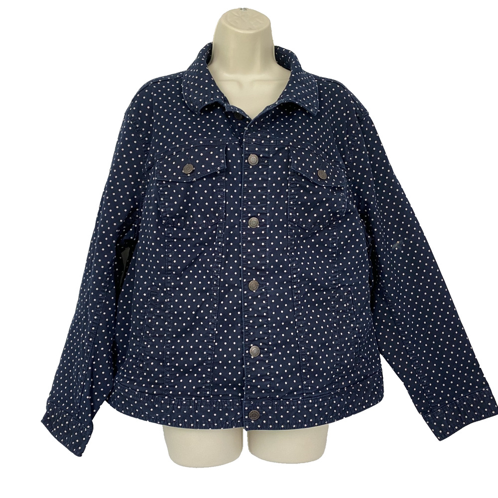 Talbots Jacket Womens 3XP Navy Blue White Polka Dot Stretch Denim Trucker Jean